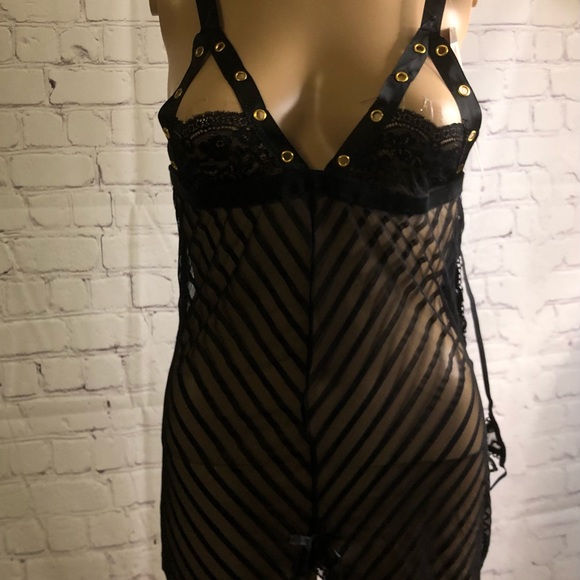 NWT Seven ‘til Midnight Shadow stripe & lace Chemise Grommet detail Lace up Sz L - Picture 1 of 12